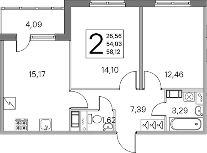 2-комнатная квартира 54.03 м², 4/5 эт., ЖК «ЮгТаун. Олимпийские кварталы»